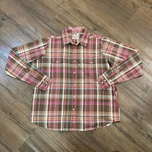 Wrangler Pearl Snap Shirt Women Extra Large Plaid Brown Pink Wrancher Cow Girl